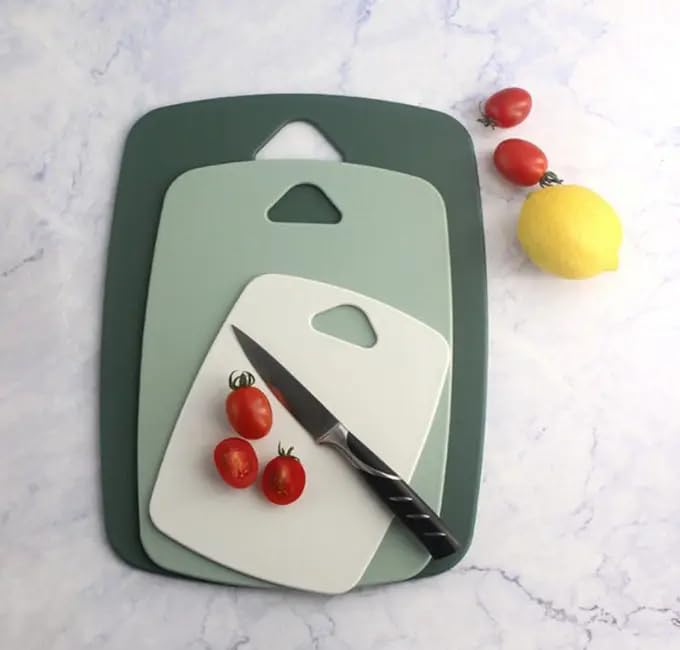 Kintora Gorilla Grip Durable Cutting Board Set of 3 – BPA-Free, Reversible & Dishwasher Safe Plastic Boards with Non-Slip Handles for Kitchen Chopping & Cooking