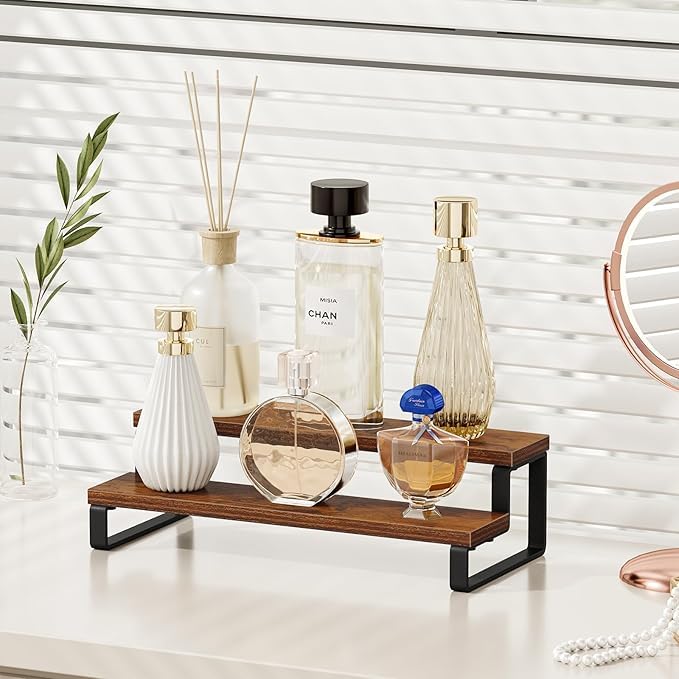 Barnic Wooden Tiered Display Riser Shelf – Multi-Purpose Counter Organizer for Kitchen Spices, Perfumes & More