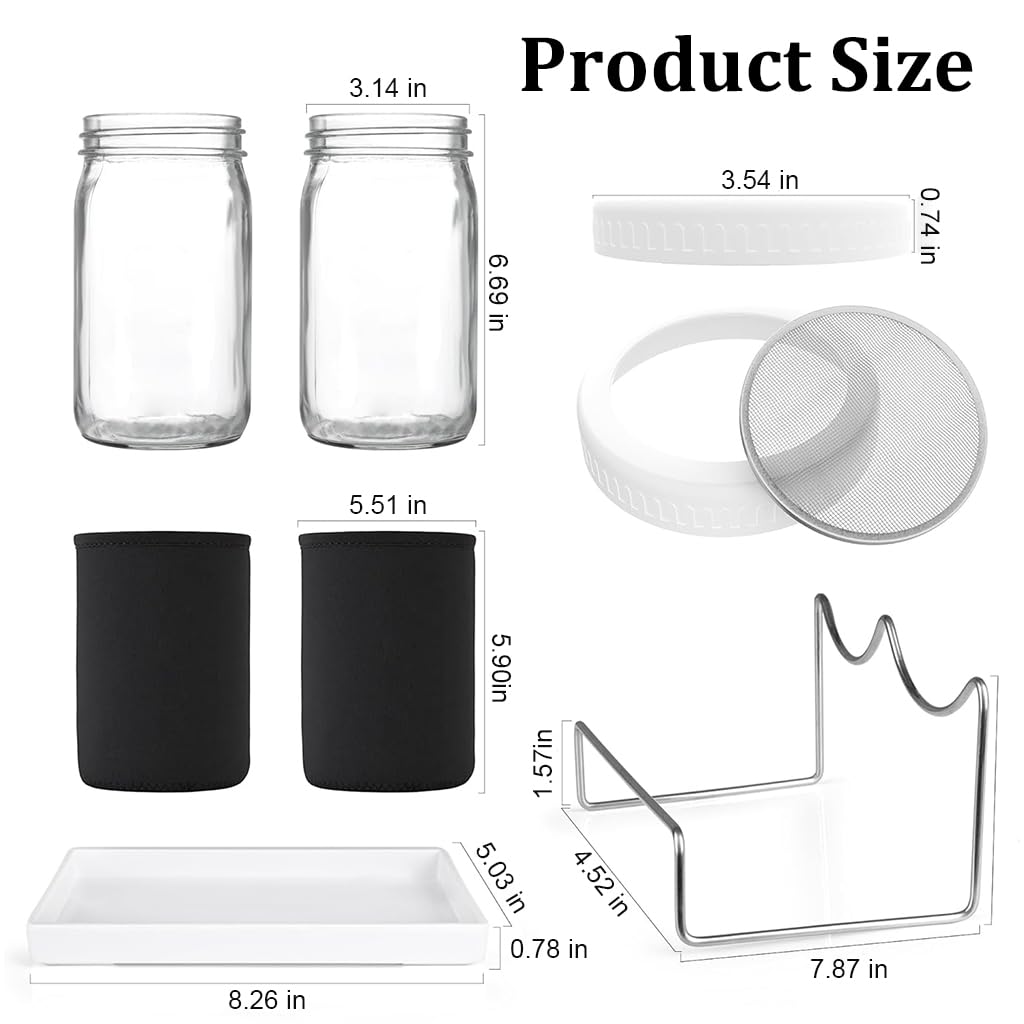 Greelin® 32oz Glass Seed Sprouting Jar Kit with Mesh Lids, Light Shield & Brush – Bean Sprout Maker for Homegrown Edible Sprouts