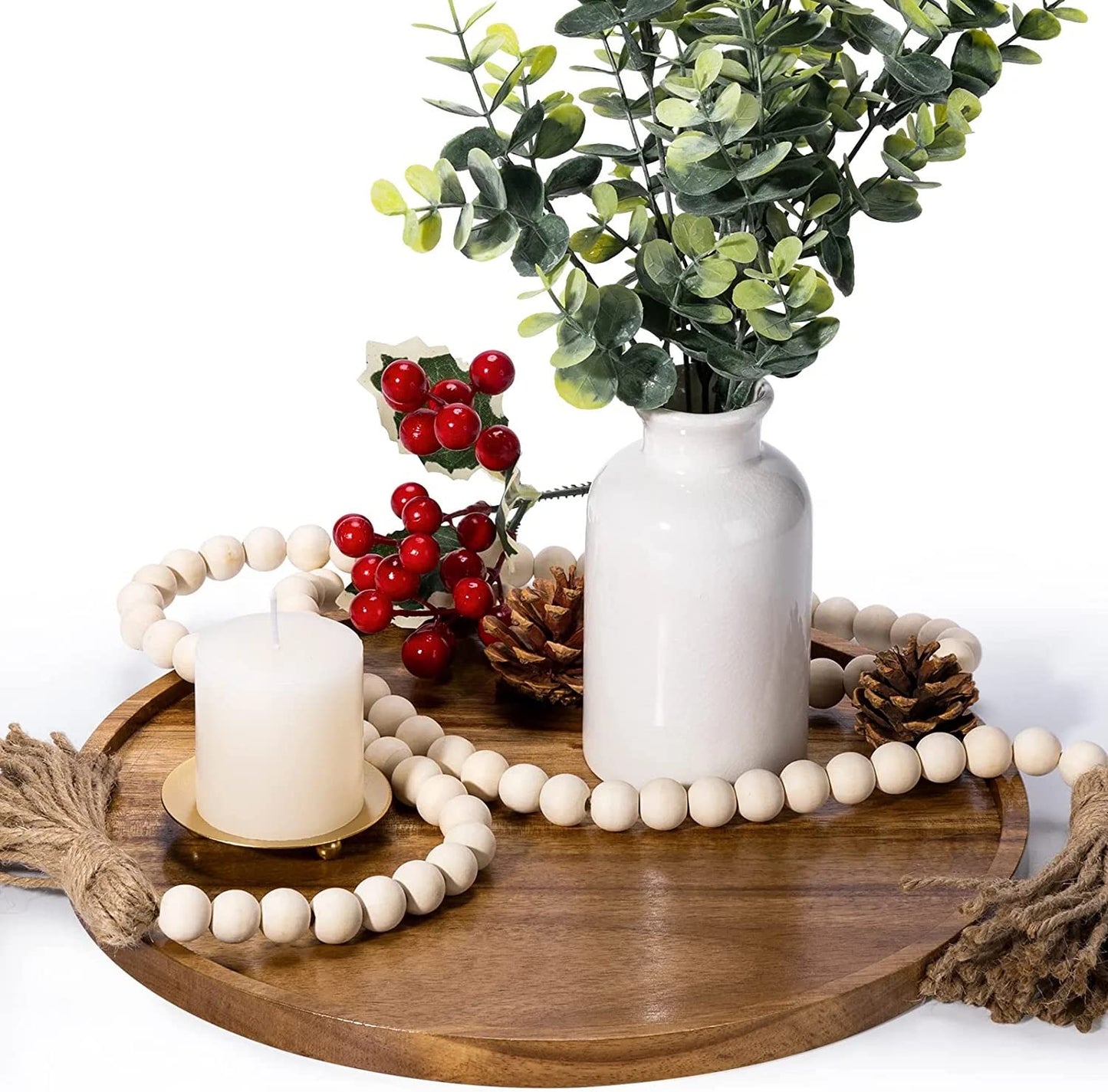 Wexa Decorative Round Acacia Wood Tray – Elegant Wooden Centerpiece for Kitchen, Dining Table, Coffee Table, and Home Decor (148 characters)