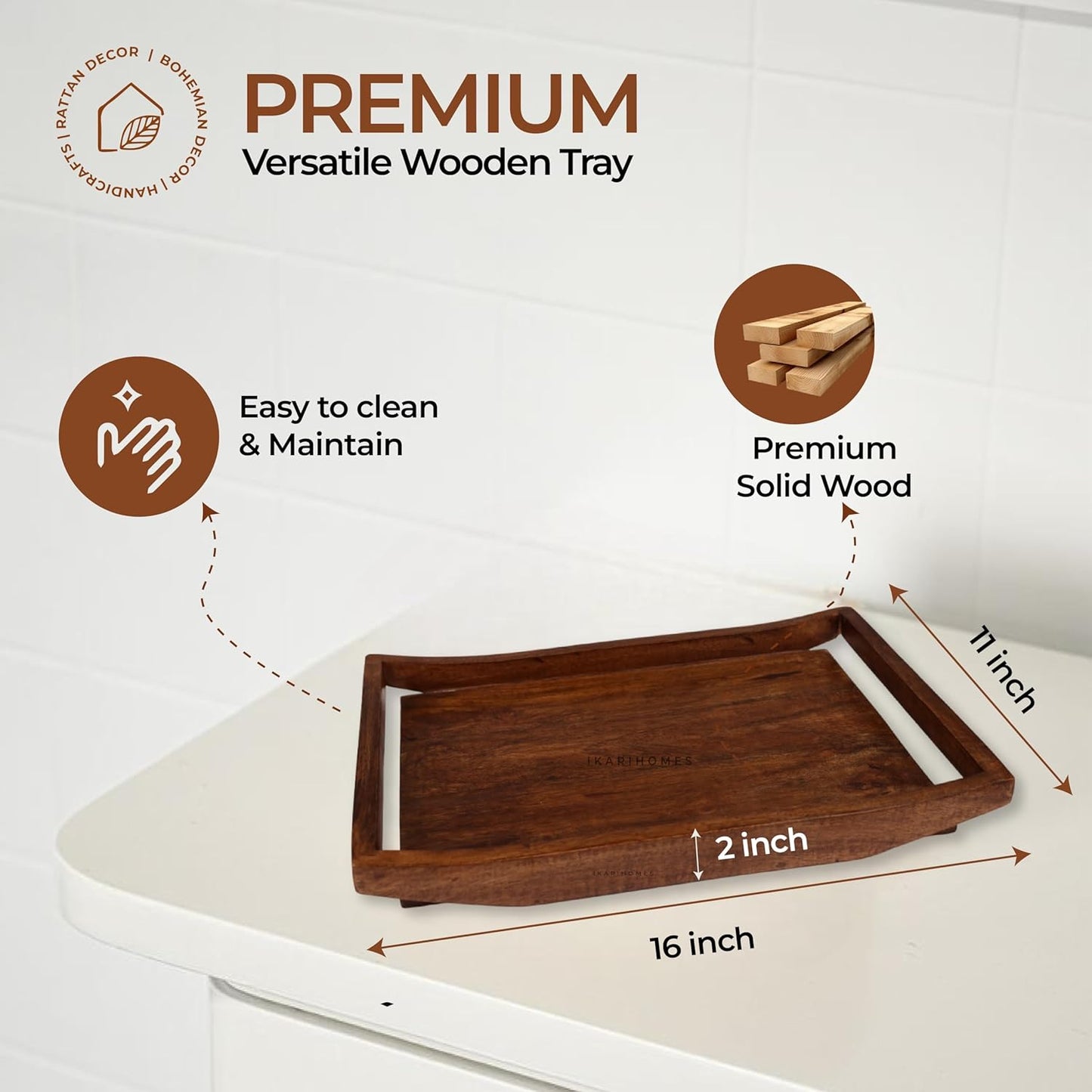 IARN Homes Elegant Wooden Serving Tray with Raised Edges – Stylish Decorative Tray for Coffee Table & Ottomans