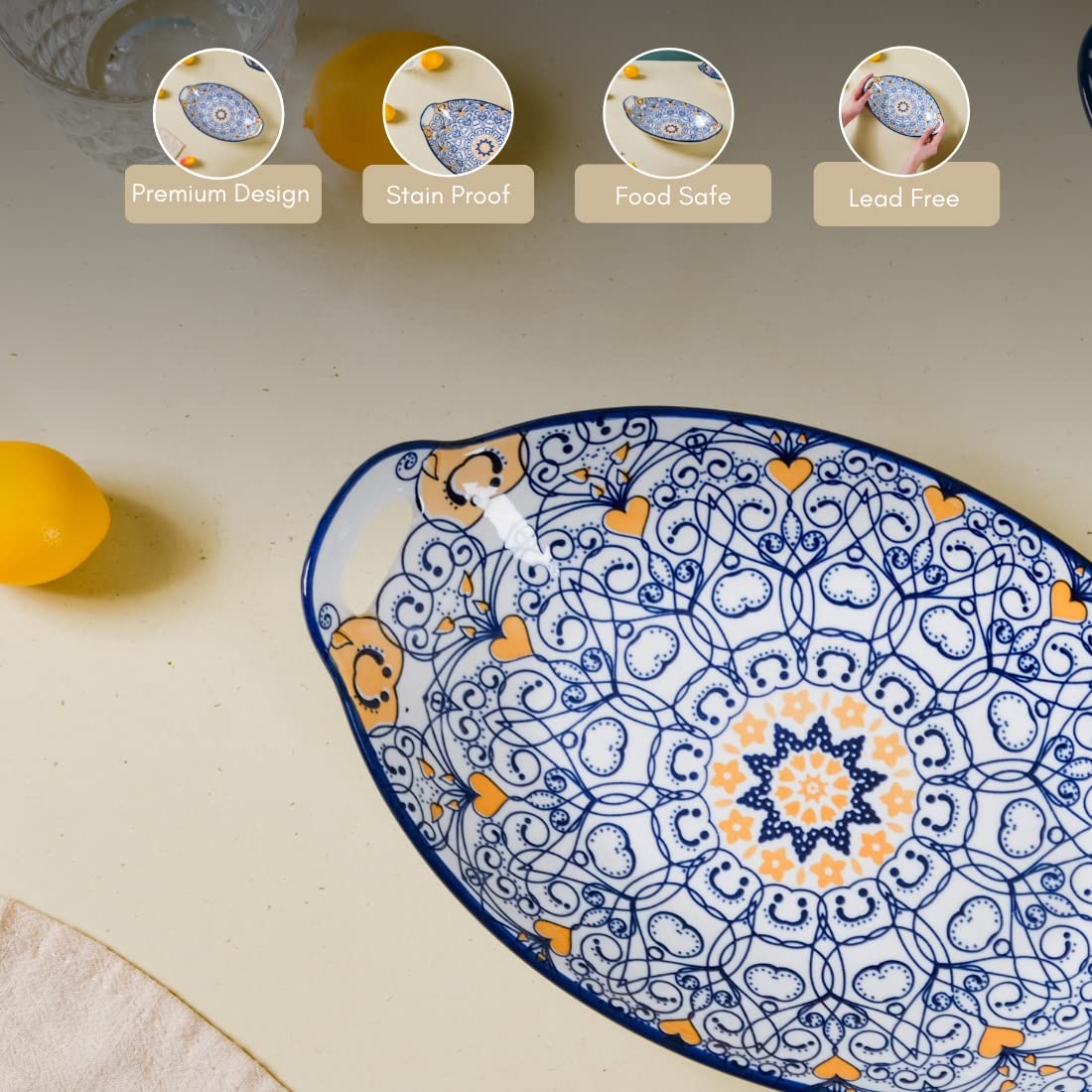 NARSAT Dark Blue Mandala Ceramic Long Serving Dish with Handles for Snacks, Appetizers, Salads & Noodles | 10.8" Microwave & Dishwasher Safe