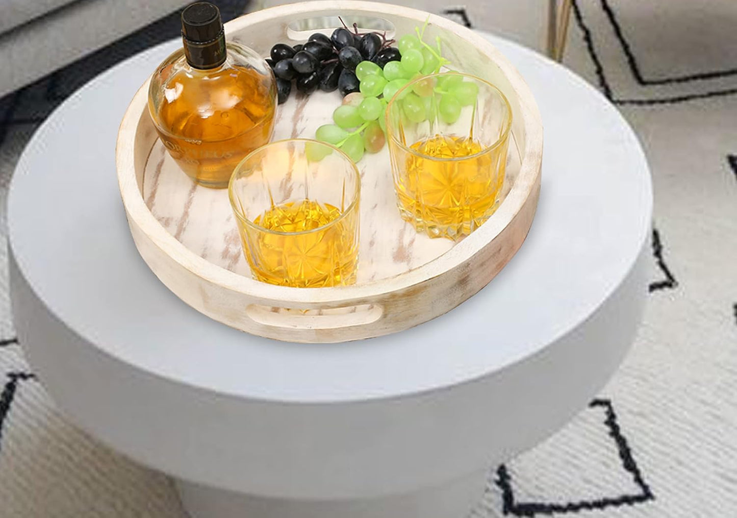 WOoOt White Wooden Round Coffee Table Tray Set of 2 – Decorative Serving Trays for Living Room, Ottoman, Cheese Platter & Fruit Display