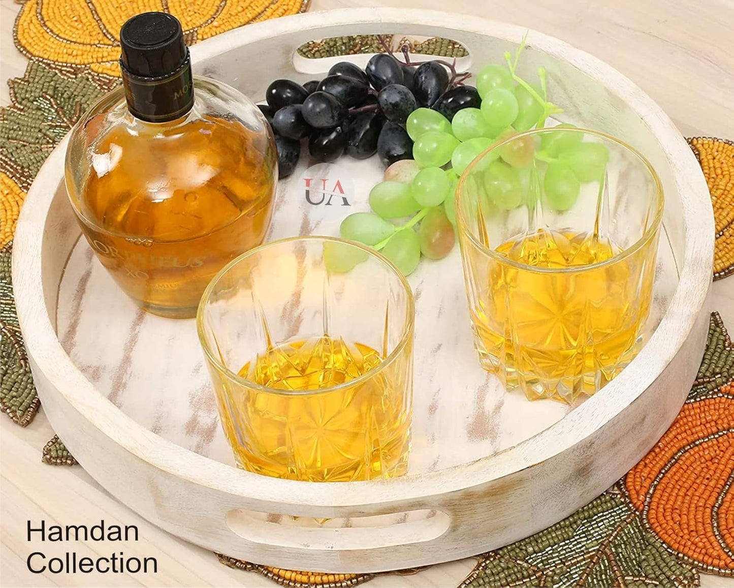 HADRESH Solid Wood Round Serving Tray with Handles – Decorative Tea & Coffee Tray for Food, Drinks & Home Table Décor