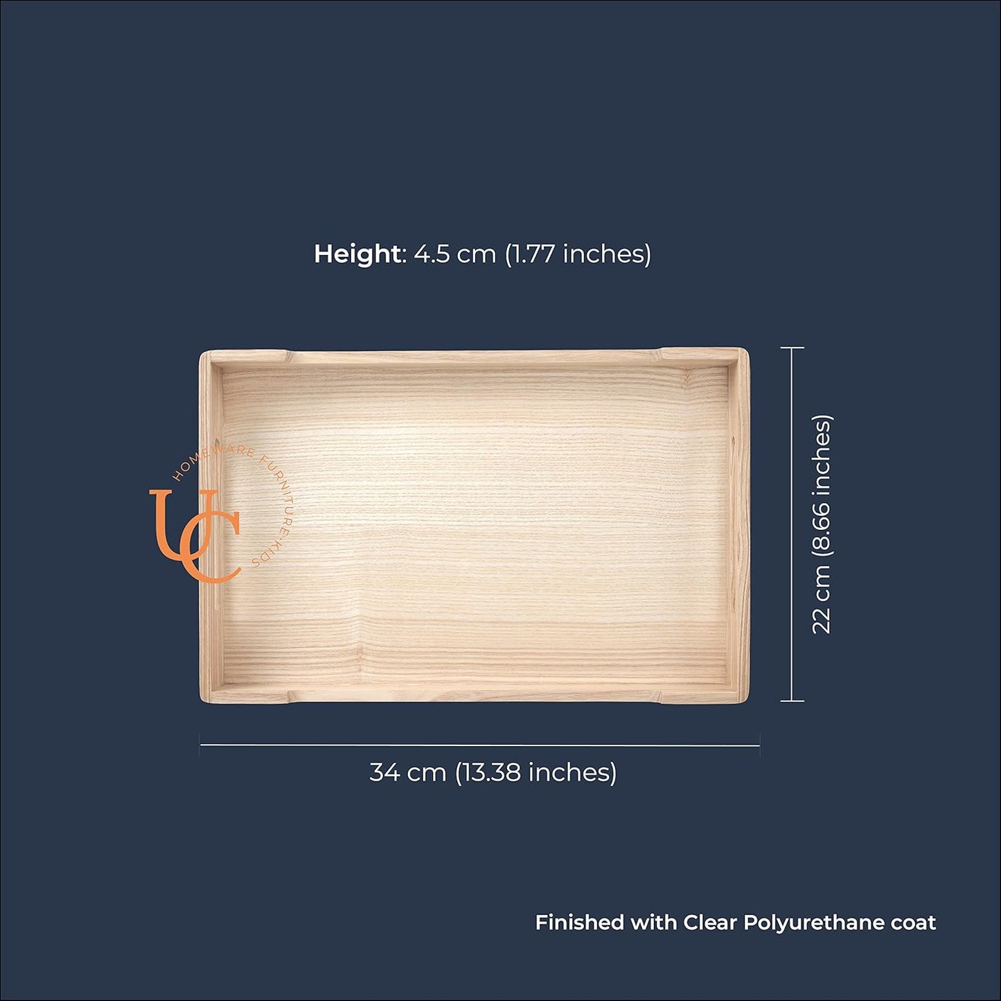 Yuuth Premium Ash Wood Serving Tray – Medium Tea Tray in Light Brown, Clear-Coated Finish, 34x22x4.5 cm Rectangular Design