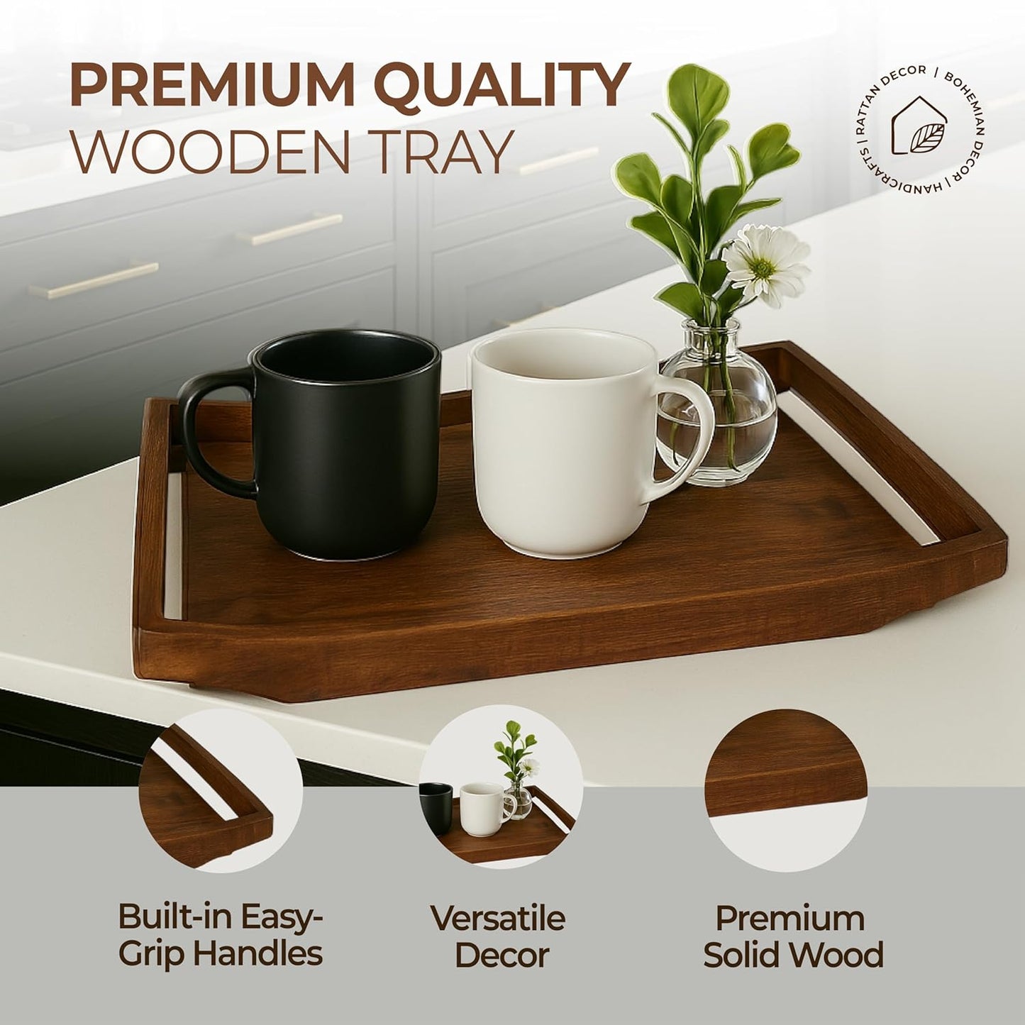 IARN Homes Elegant Wooden Serving Tray with Raised Edges – Stylish Decorative Tray for Coffee Table & Ottomans
