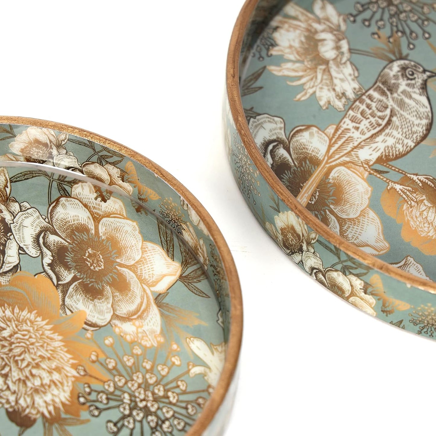 Dioli Set of 2 Enamel-Coated MDF Round Wooden Trays | Handmade Resin Serving Trays for Kitchen & Dining | 7x7 & 9x9 Inches | Decorative Grey & Gold Birds Design