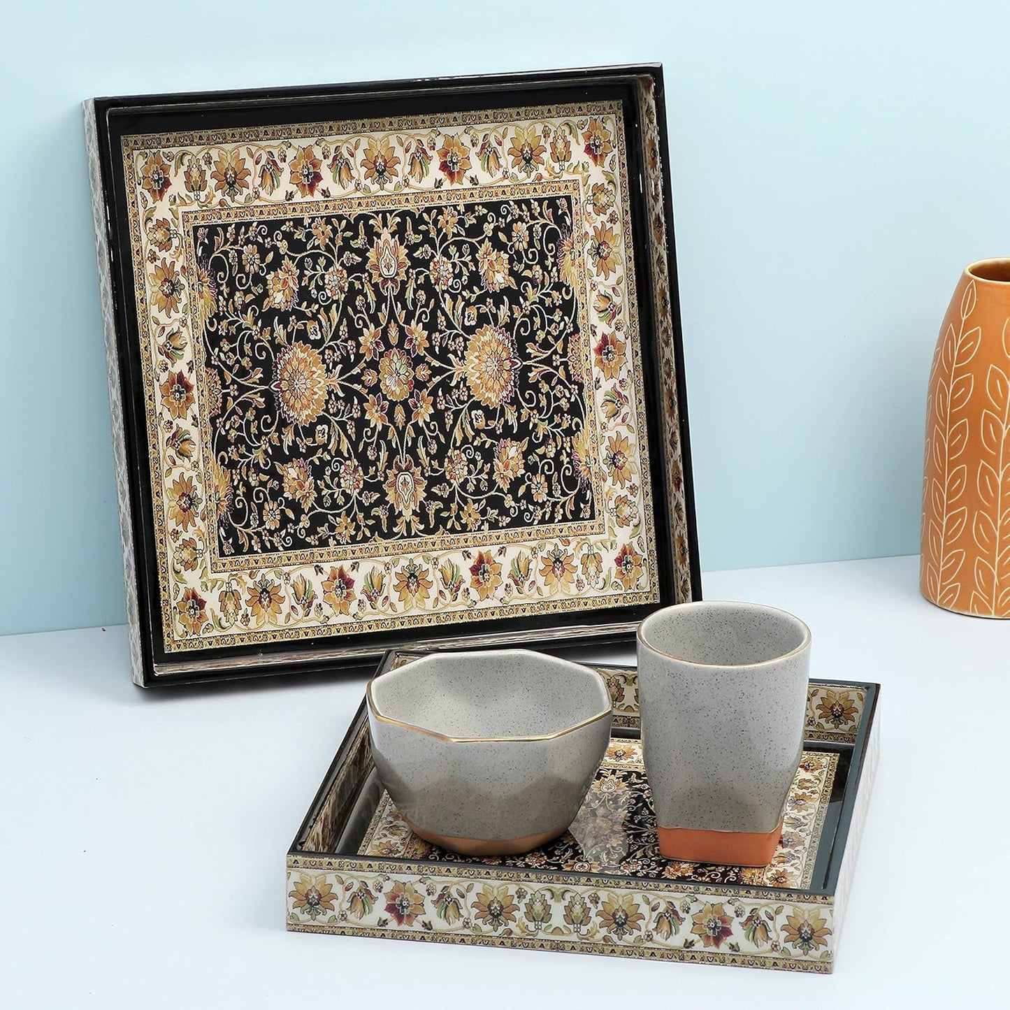 Beoli Set of 2 Square MDF Wood Multipurpose Trays with Enamel Coating, 10x10 & 12x12 Inches (Jamawaar Design)