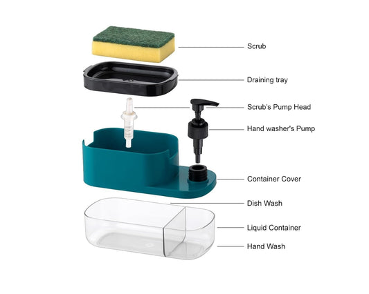 Maskven Plastic 3-in-1 Soap Pump Dispenser with Dish Soap Liquid Dispenser and Sponge Holder for Kitchen Sink and Bathroom Countertop