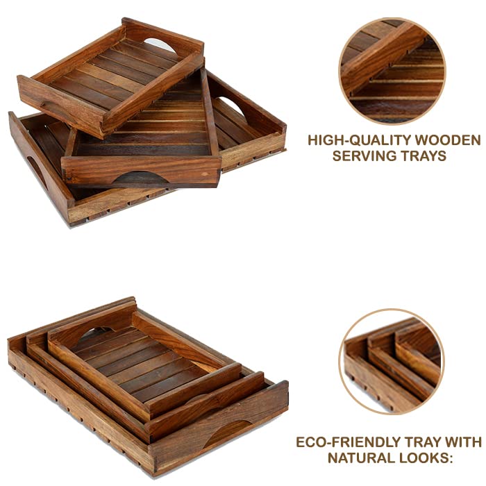 TREOWARE Wooden Serving Trays with Handles – Set of 3 (Large, Medium, Small) for Coffee Table, Breakfast & Bed Use