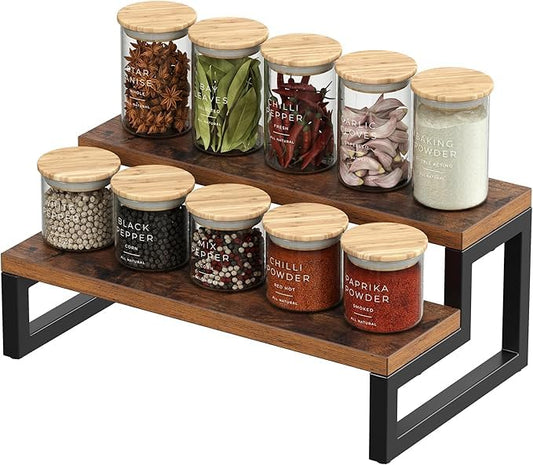Barnic Wooden Tiered Display Riser Shelf – Multi-Purpose Counter Organizer for Kitchen Spices, Perfumes & More