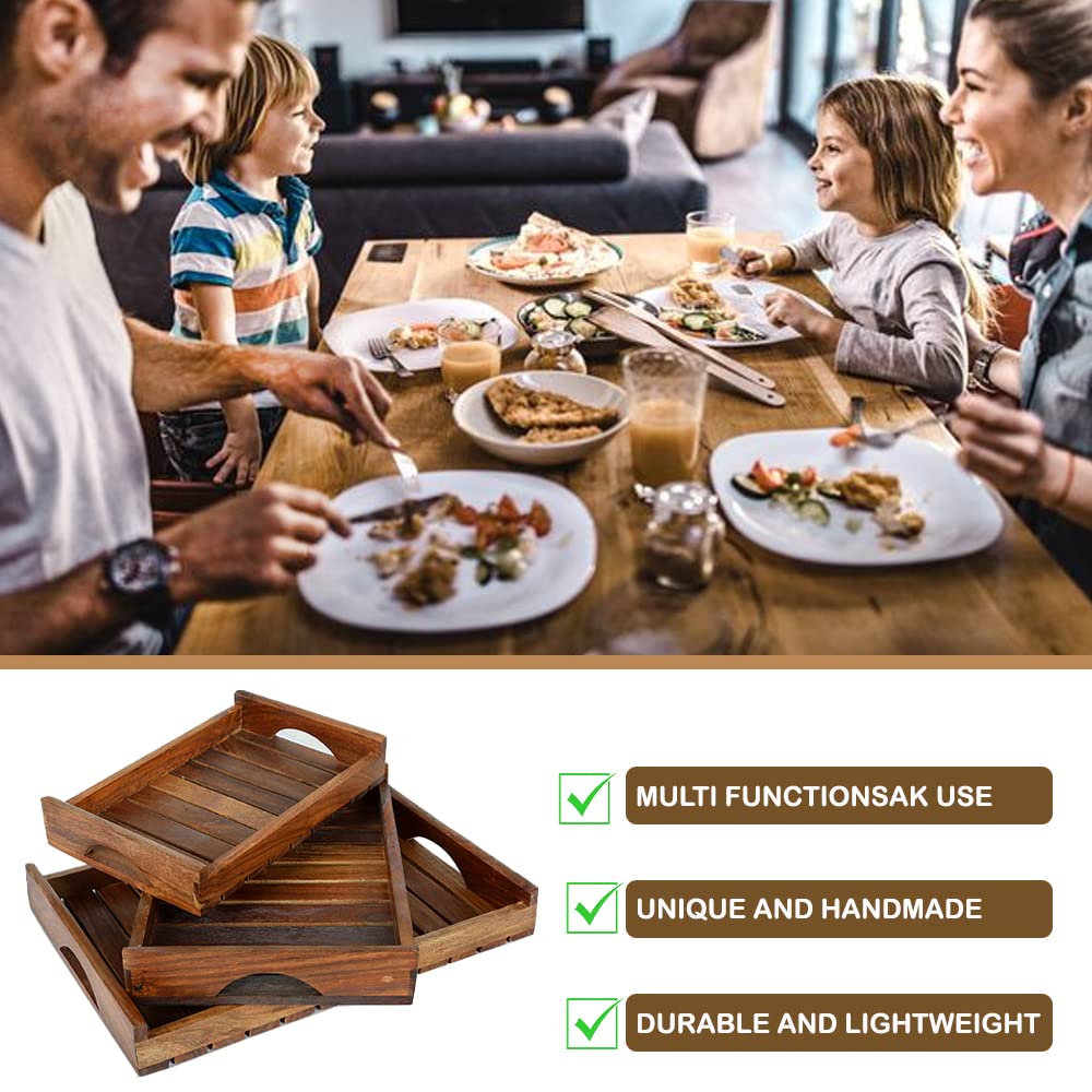 TREOWARE Wooden Serving Trays with Handles – Set of 3 (Large, Medium, Small) for Coffee Table, Breakfast & Bed Use
