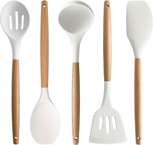 LBS  Silicone Kitchen Set, 5-Piece Non-Stick Cooking Utensils with Wooden Handles, Heat Resistant Cream Finish