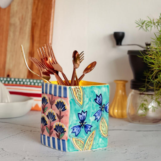 niboda Handpainted Cutlery Holder | Ceramic Cutlery Stand for Kitchen Knives & Spoons | Non-Toxic & Dishwasher Safe