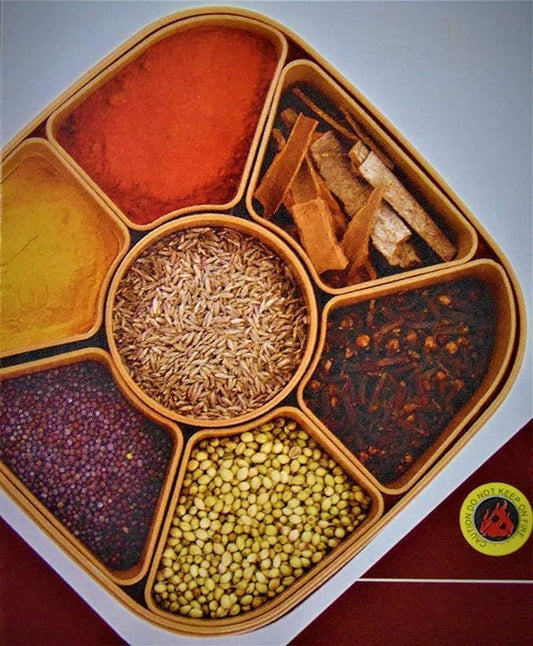 Kitchina Plastic Square 7-Section Multipurpose Spice & Masala Organizer Box Set for Kitchen Storage – Rangoli Dabba Design