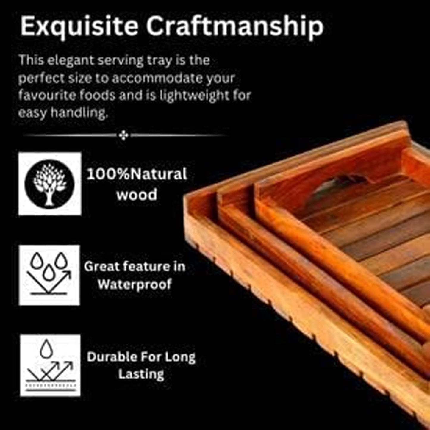 TREOWARE Wooden Serving Trays with Handles – Set of 3 (Large, Medium, Small) for Coffee Table, Breakfast & Bed Use