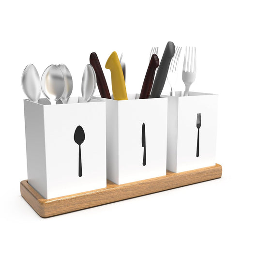 ROStora Wooden Cutlery Holder for Dining Table with Spoon, Fork, and Knife Compartments – Self-Draining Organizer with Wood Base