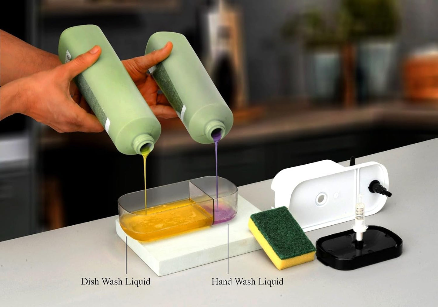 Maskven Plastic 3-in-1 Soap Pump Dispenser with Dish Soap Liquid Dispenser and Sponge Holder for Kitchen Sink and Bathroom Countertop