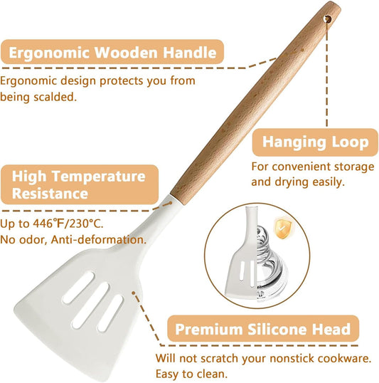 LBS  Silicone Kitchen Set, 5-Piece Non-Stick Cooking Utensils with Wooden Handles, Heat Resistant Cream Finish