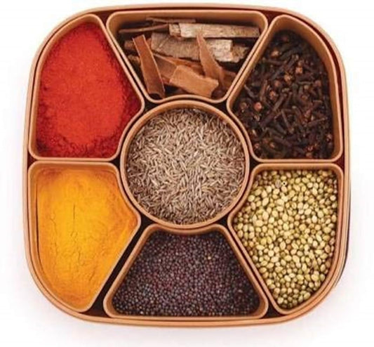 Kitchina Plastic Square 7-Section Multipurpose Spice & Masala Organizer Box Set for Kitchen Storage – Rangoli Dabba Design