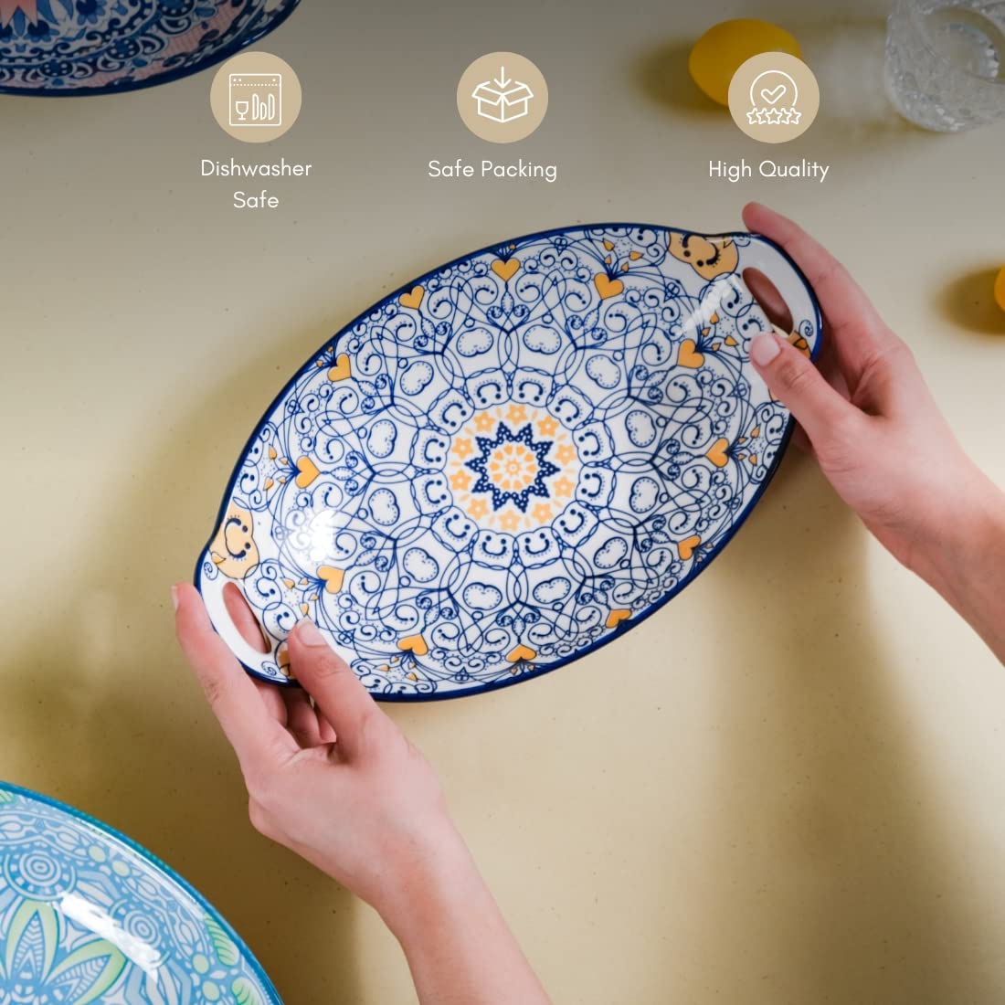 NARSAT Dark Blue Mandala Ceramic Long Serving Dish with Handles for Snacks, Appetizers, Salads & Noodles | 10.8" Microwave & Dishwasher Safe