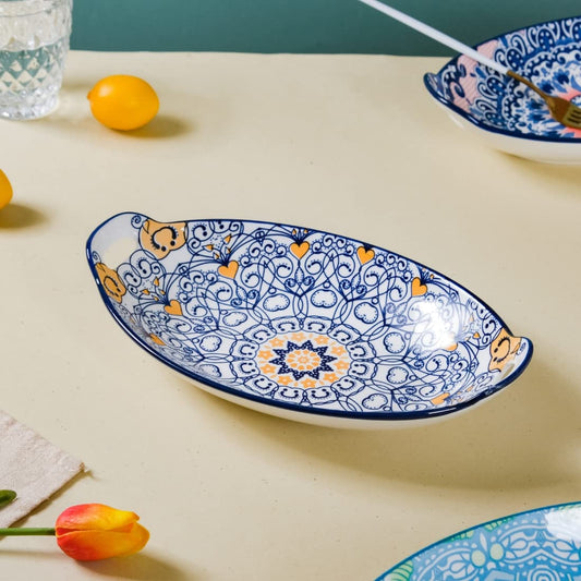 NARSAT Dark Blue Mandala Ceramic Long Serving Dish with Handles for Snacks, Appetizers, Salads & Noodles | 10.8" Microwave & Dishwasher Safe