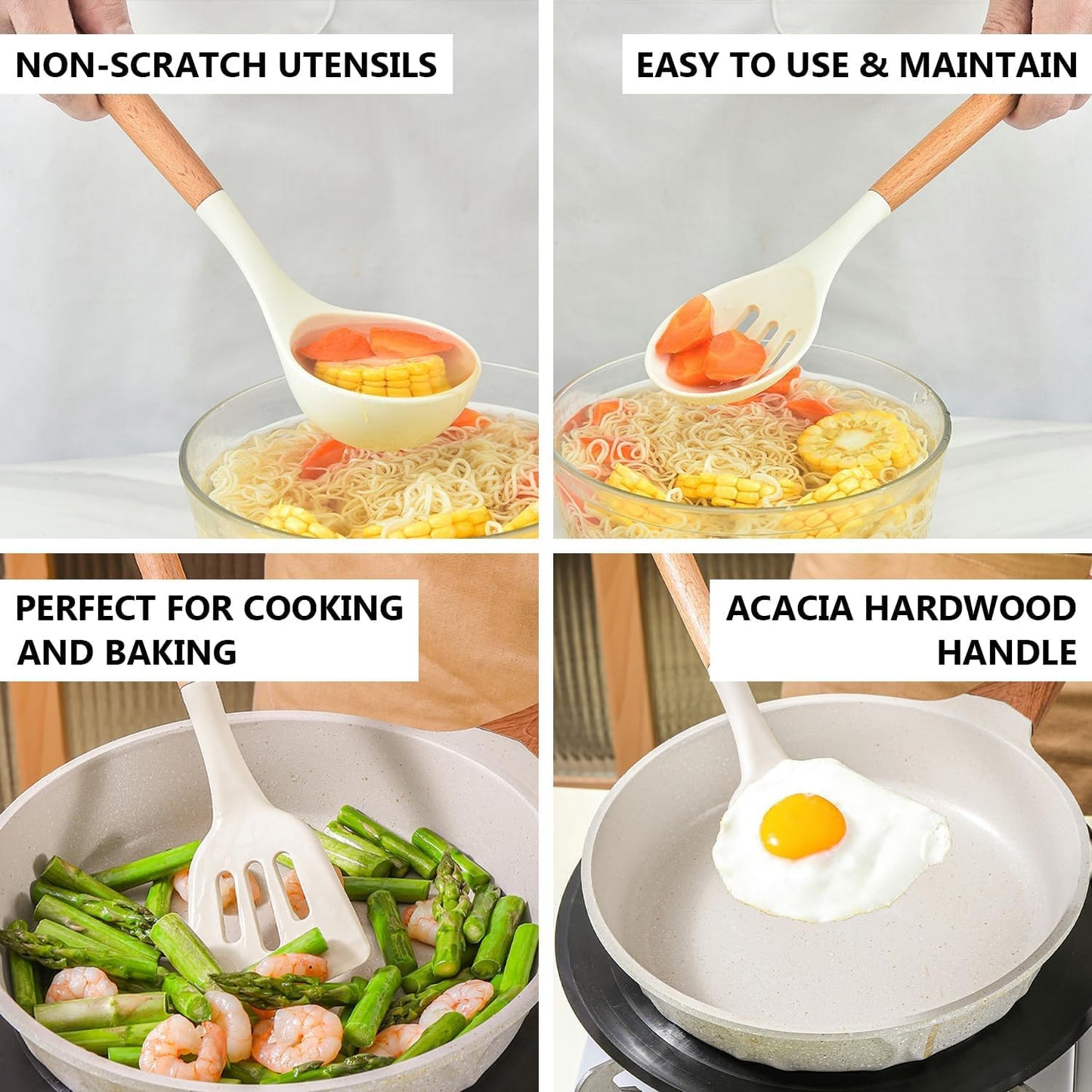 LBS  Silicone Kitchen Set, 5-Piece Non-Stick Cooking Utensils with Wooden Handles, Heat Resistant Cream Finish