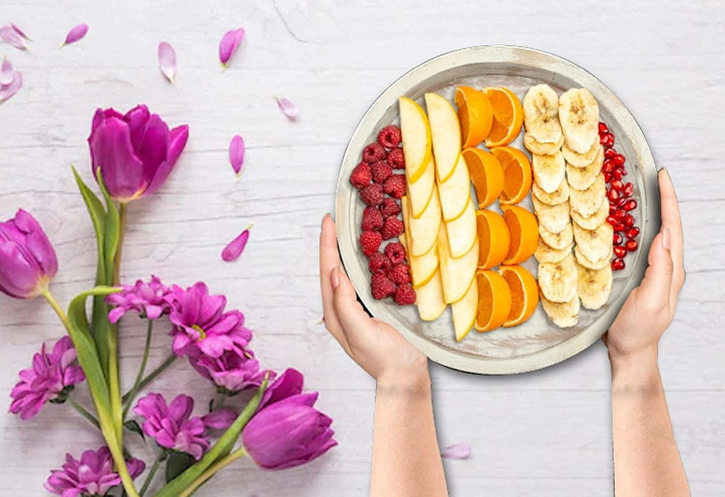 WOoOt White Wooden Round Coffee Table Tray Set of 2 – Decorative Serving Trays for Living Room, Ottoman, Cheese Platter & Fruit Display