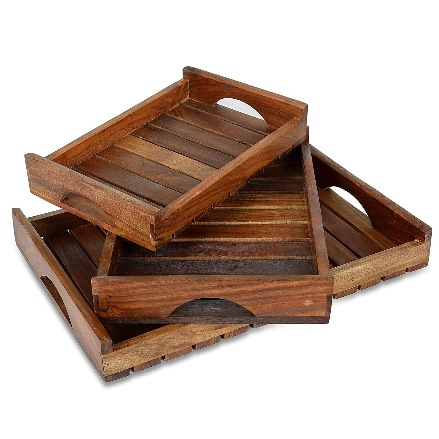 TREOWARE Wooden Serving Trays with Handles – Set of 3 (Large, Medium, Small) for Coffee Table, Breakfast & Bed Use