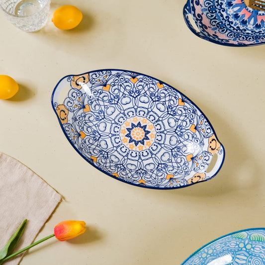 NARSAT Dark Blue Mandala Ceramic Long Serving Dish with Handles for Snacks, Appetizers, Salads & Noodles | 10.8" Microwave & Dishwasher Safe