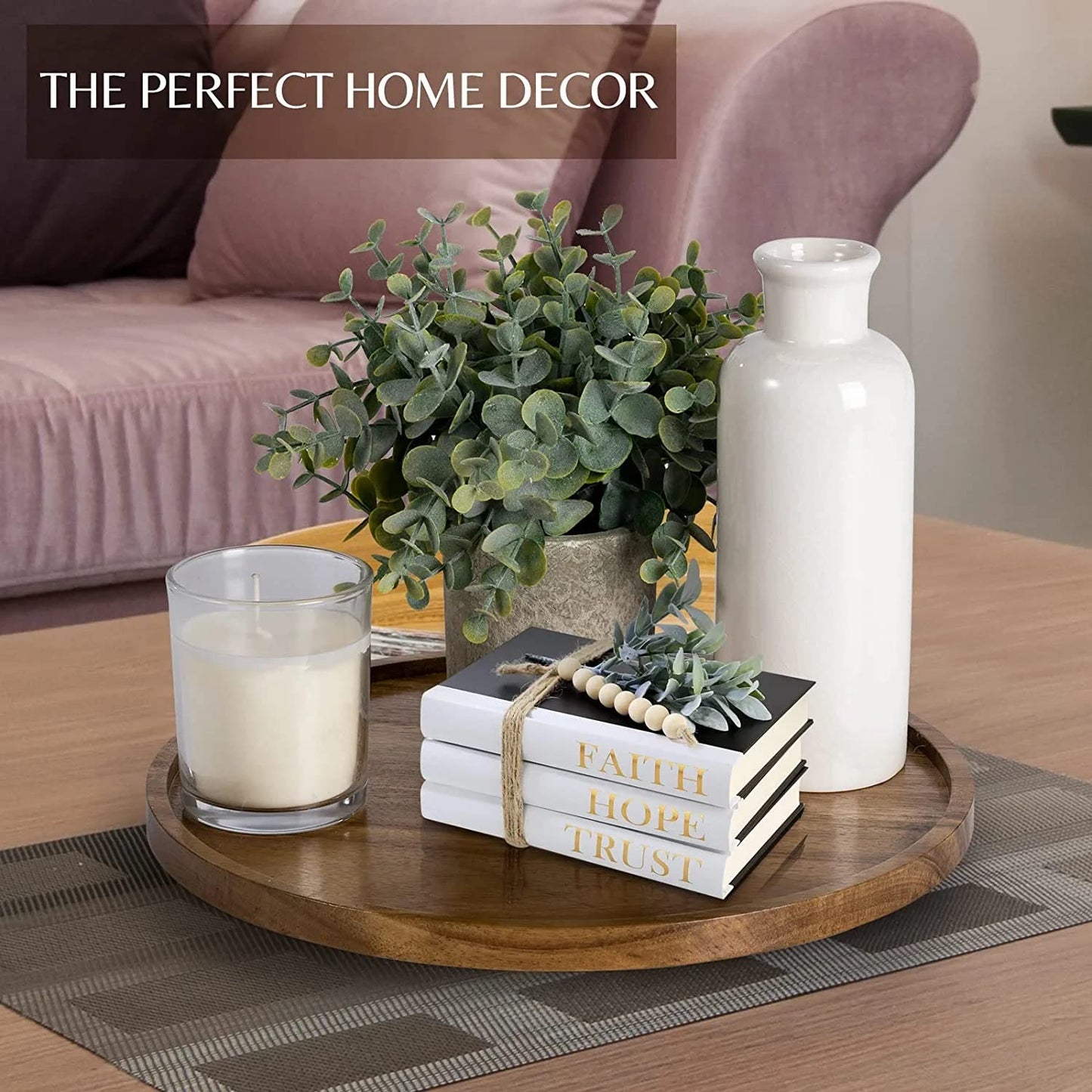 Wexa Decorative Round Acacia Wood Tray – Elegant Wooden Centerpiece for Kitchen, Dining Table, Coffee Table, and Home Decor (148 characters)