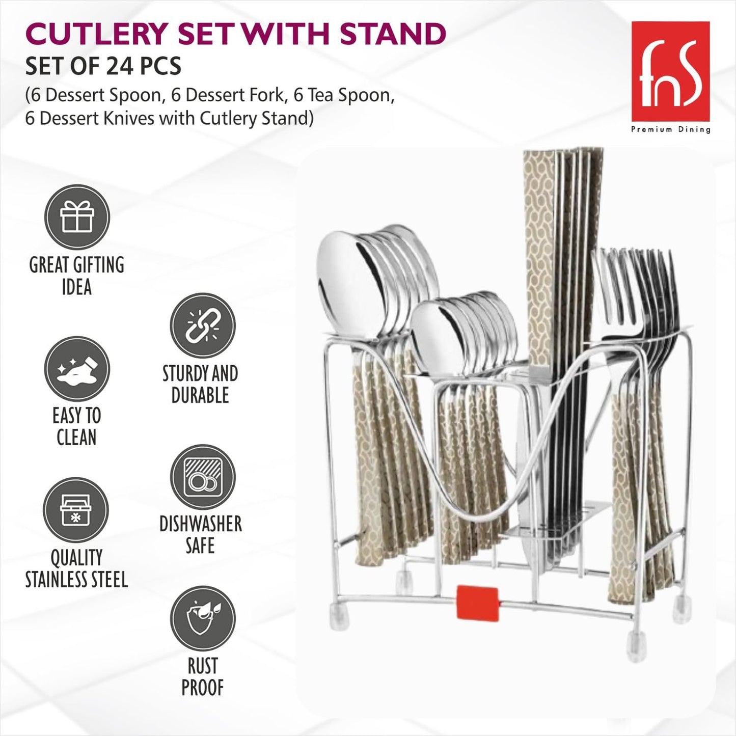 Mastree Pacific 24-Piece Stainless Steel Cutlery Set with Hanging Stand – Includes Spoons, Forks, Knives & Teaspoons
