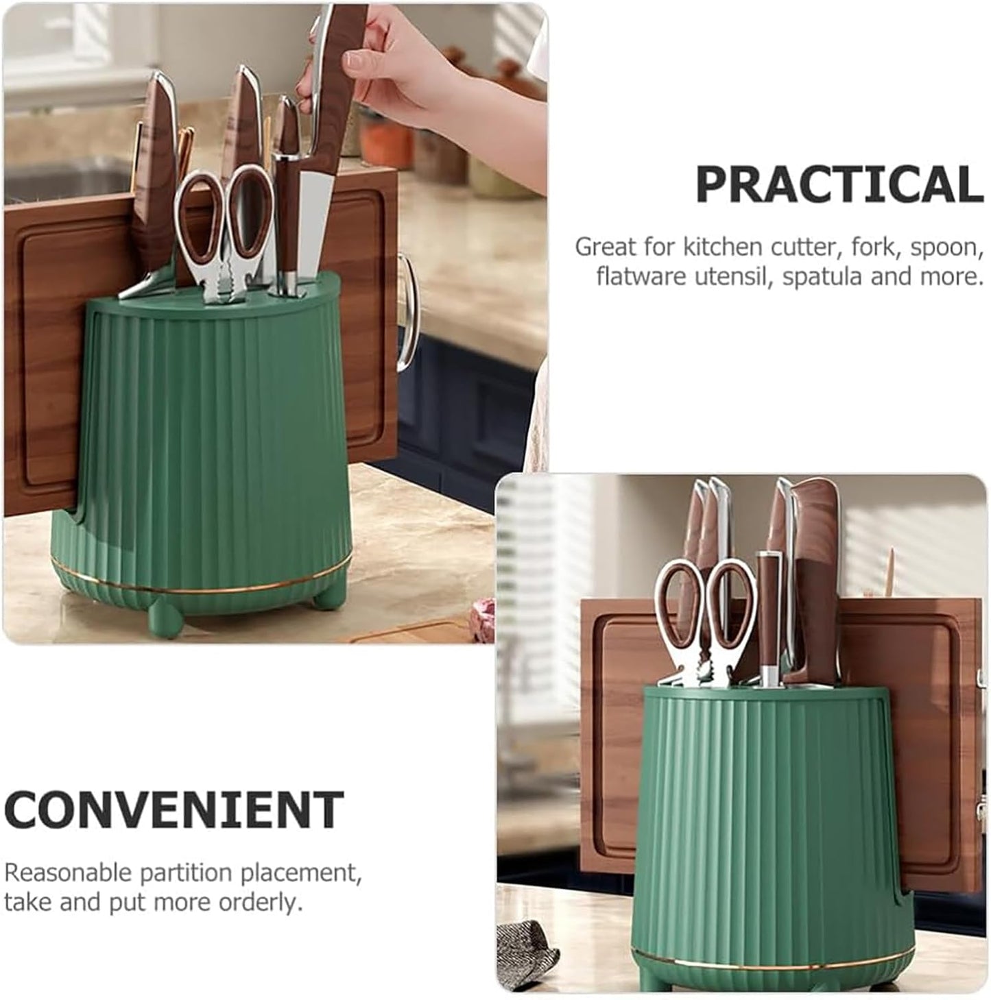 Quivara Kitchen Utensil Holder for Countertop – Chopping Board & Cutlery Organizer, Silverware Caddy, Multifunctional Flatware Storage (Green)