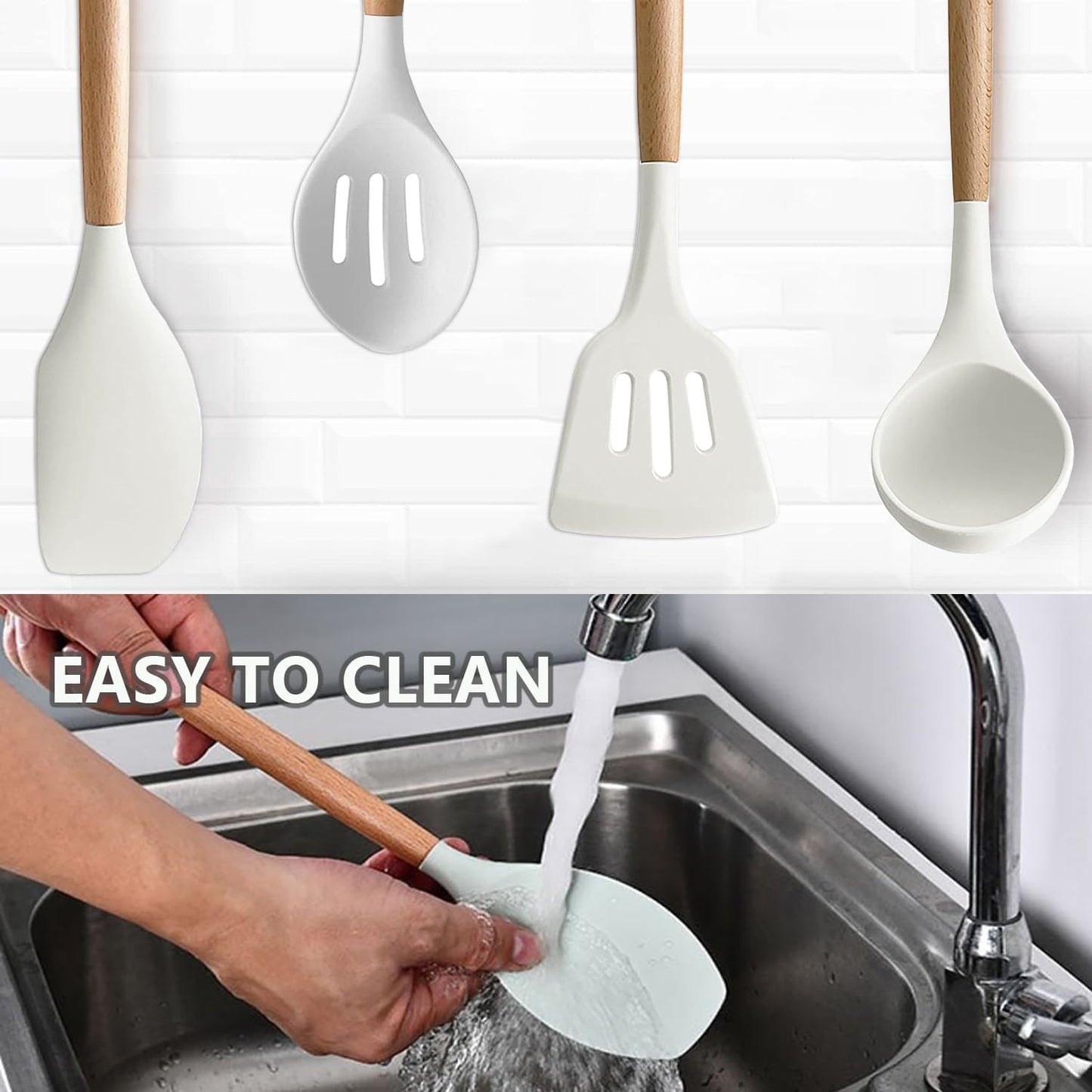 LBS  Silicone Kitchen Set, 5-Piece Non-Stick Cooking Utensils with Wooden Handles, Heat Resistant Cream Finish
