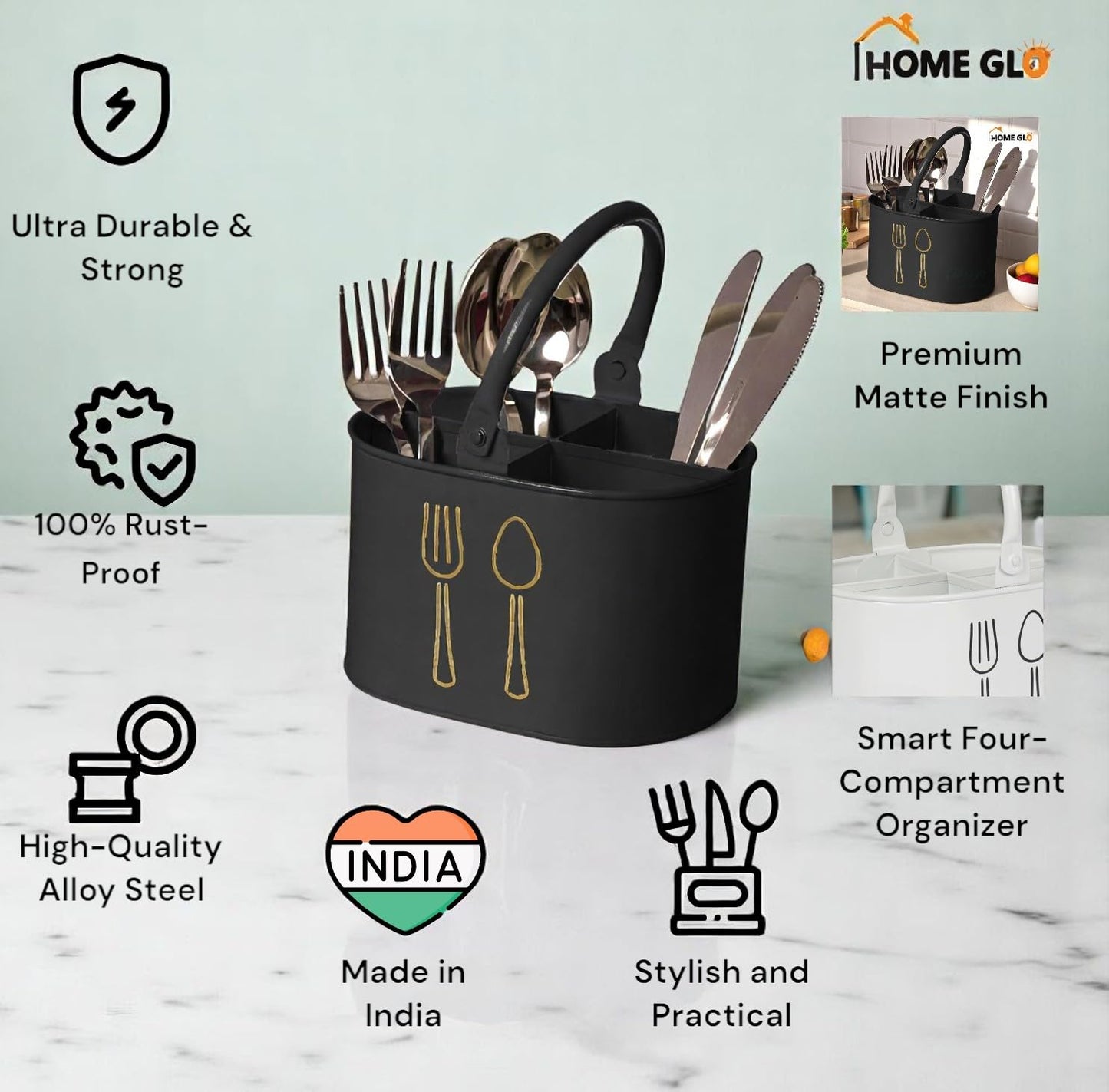 HooGre Steel Spoon & Cutlery Organizer Stand – Black Utensil Holder for Kitchen, Dining Table & Countertop Storage Solution