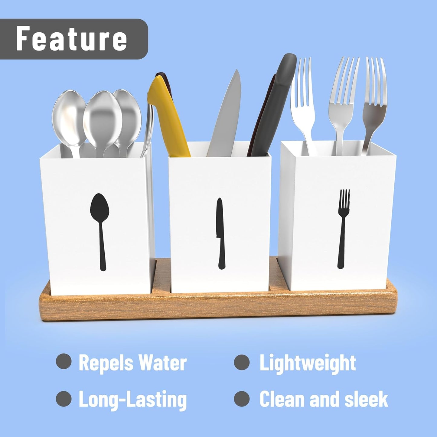 ROStora Wooden Cutlery Holder for Dining Table with Spoon, Fork, and Knife Compartments – Self-Draining Organizer with Wood Base