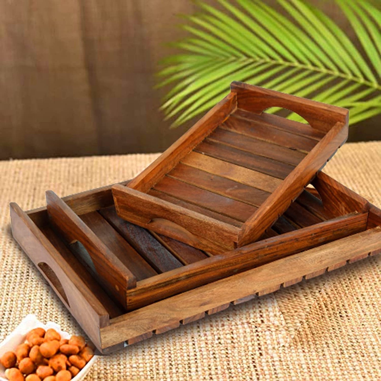 TREOWARE Wooden Serving Trays with Handles – Set of 3 (Large, Medium, Small) for Coffee Table, Breakfast & Bed Use