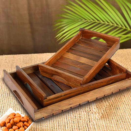 TREOWARE Wooden Serving Trays with Handles – Set of 3 (Large, Medium, Small) for Coffee Table, Breakfast & Bed Use