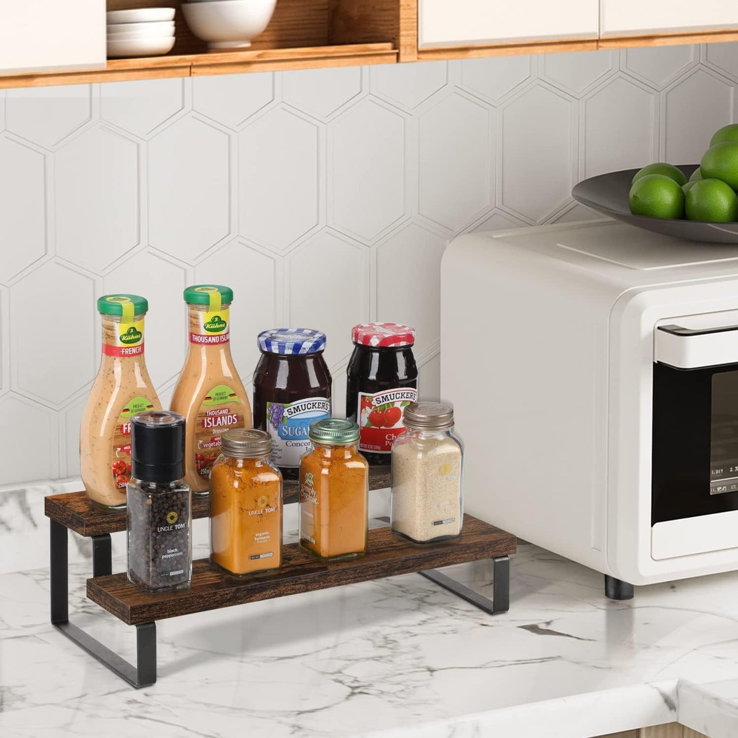 Barnic Wooden Tiered Display Riser Shelf – Multi-Purpose Counter Organizer for Kitchen Spices, Perfumes & More