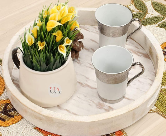 HADRESH Solid Wood Round Serving Tray with Handles – Decorative Tea & Coffee Tray for Food, Drinks & Home Table Décor