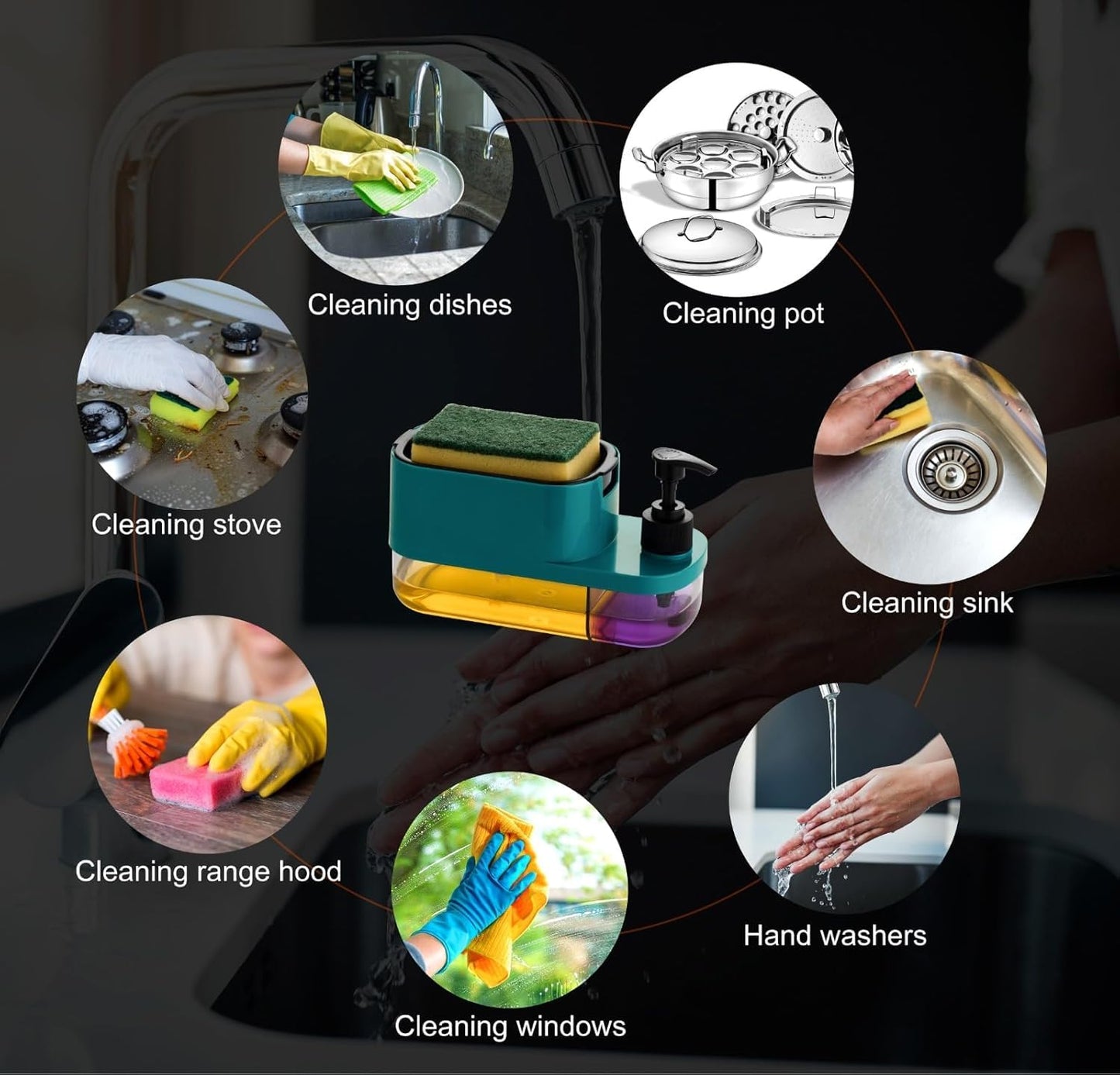 Maskven Plastic 3-in-1 Soap Pump Dispenser with Dish Soap Liquid Dispenser and Sponge Holder for Kitchen Sink and Bathroom Countertop