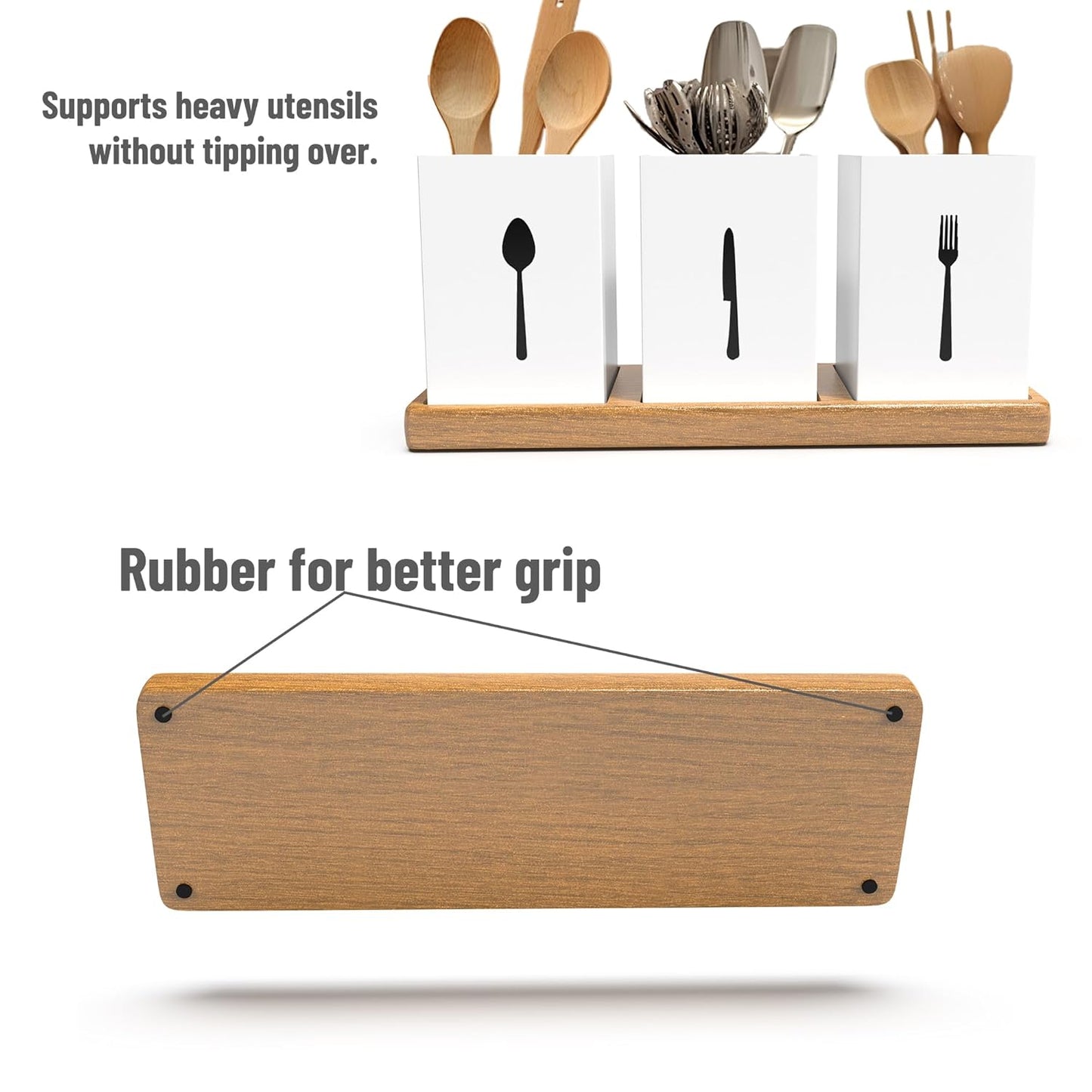 ROStora Wooden Cutlery Holder for Dining Table with Spoon, Fork, and Knife Compartments – Self-Draining Organizer with Wood Base