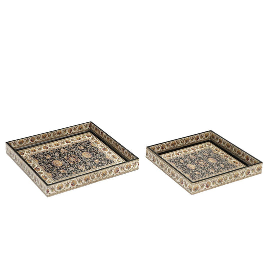 Beoli Set of 2 Square MDF Wood Multipurpose Trays with Enamel Coating, 10x10 & 12x12 Inches (Jamawaar Design)