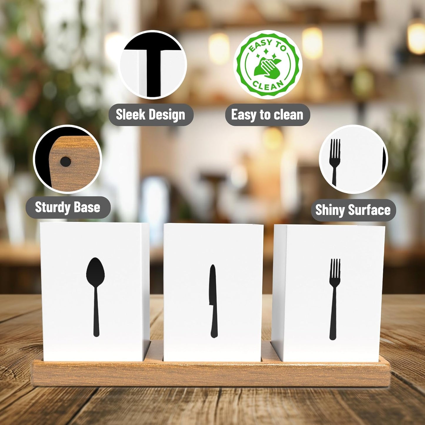 ROStora Wooden Cutlery Holder for Dining Table with Spoon, Fork, and Knife Compartments – Self-Draining Organizer with Wood Base