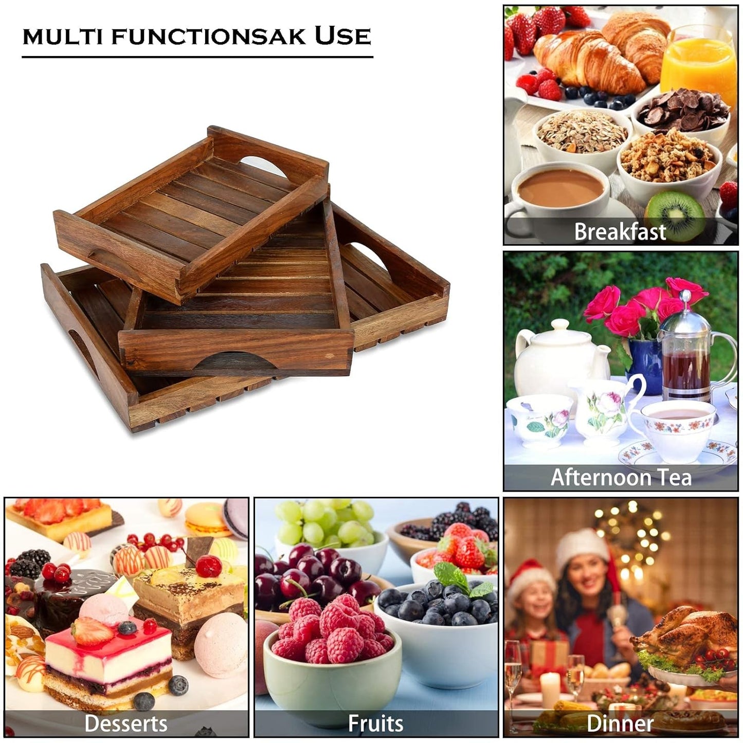 TREOWARE Wooden Serving Trays with Handles – Set of 3 (Large, Medium, Small) for Coffee Table, Breakfast & Bed Use