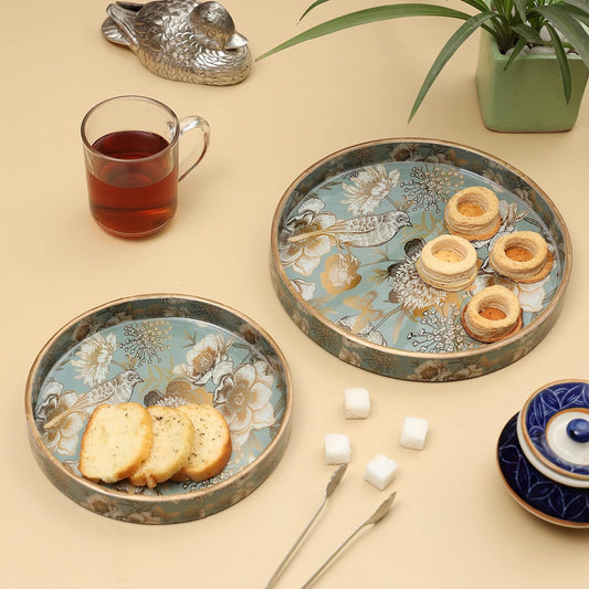 Dioli Set of 2 Enamel-Coated MDF Round Wooden Trays | Handmade Resin Serving Trays for Kitchen & Dining | 7x7 & 9x9 Inches | Decorative Grey & Gold Birds Design
