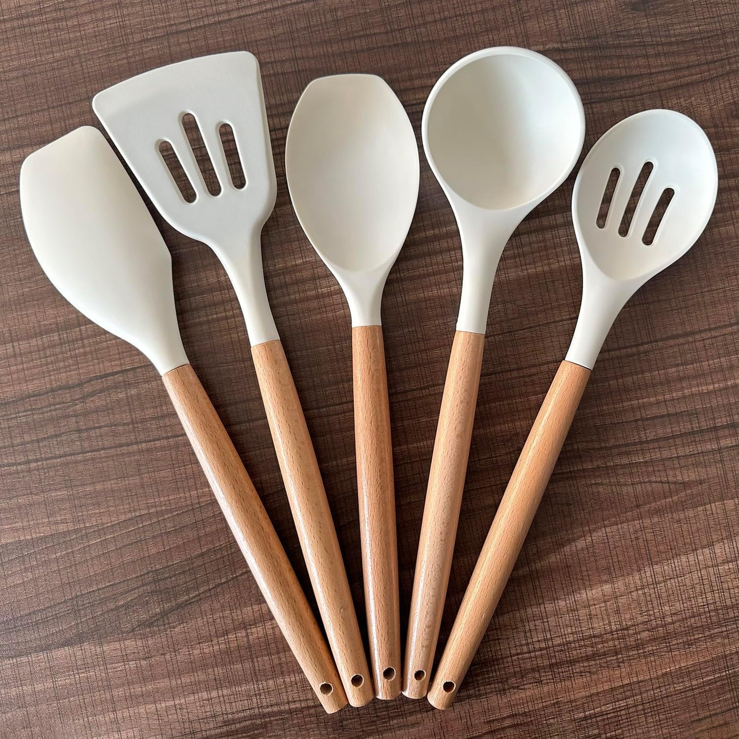 LBS  Silicone Kitchen Set, 5-Piece Non-Stick Cooking Utensils with Wooden Handles, Heat Resistant Cream Finish