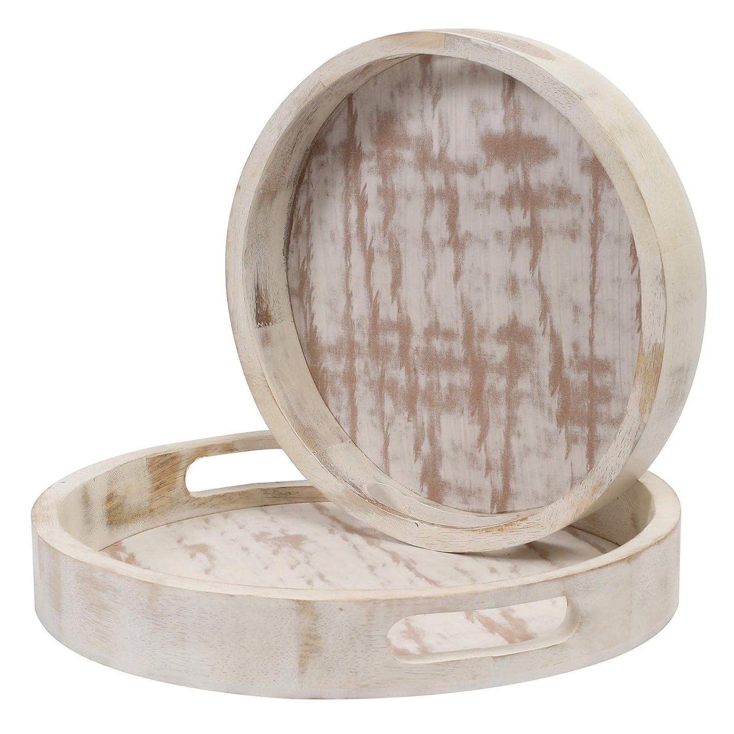 WOoOt White Wooden Round Coffee Table Tray Set of 2 – Decorative Serving Trays for Living Room, Ottoman, Cheese Platter & Fruit Display