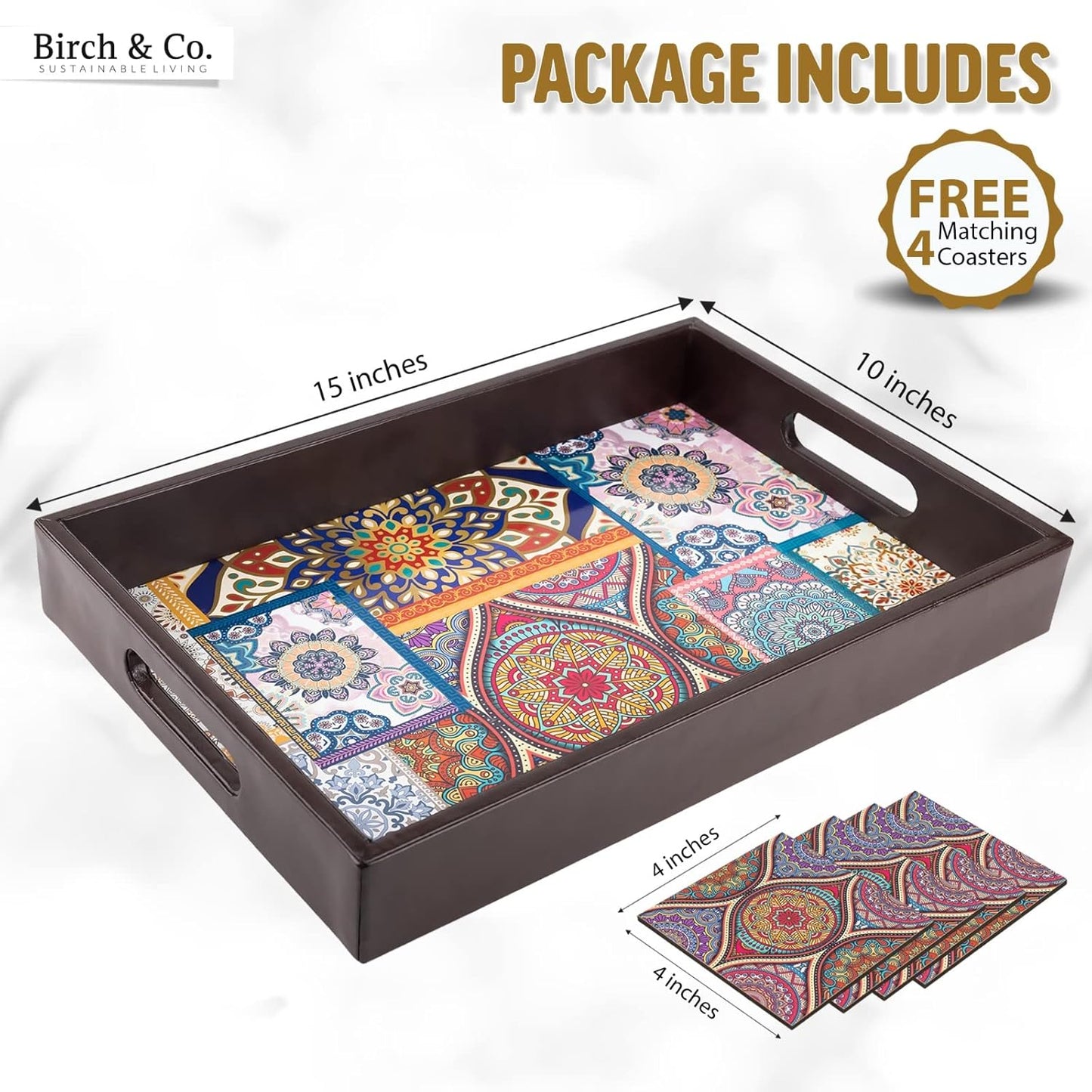 Wooden Serving Tray with 4 Free Coasters – 10x15 Inch MDF Resin Tray Set for Tea, Coffee & Home Décor – Premium Large Tray