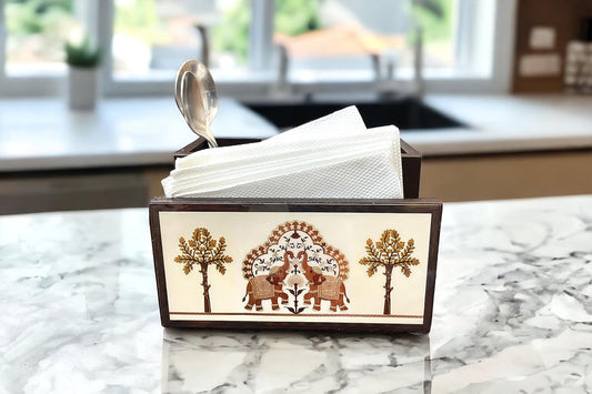 TRISHA East Wooden Cutlery Holder | Countertop Organizer for Spoons, Forks, Knives, Napkins & Tissue Paper | Desk Supplies & Pen Stationery Stand | Home & Kitchen Essentials